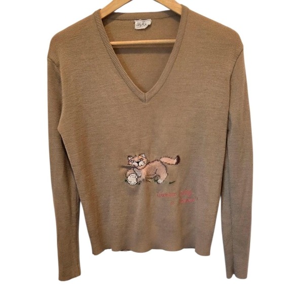 Vintage Sweaters - Vintage Women's Tan V Neck Long Sleeve Sweater Cat Kitten Embroidered Graphic